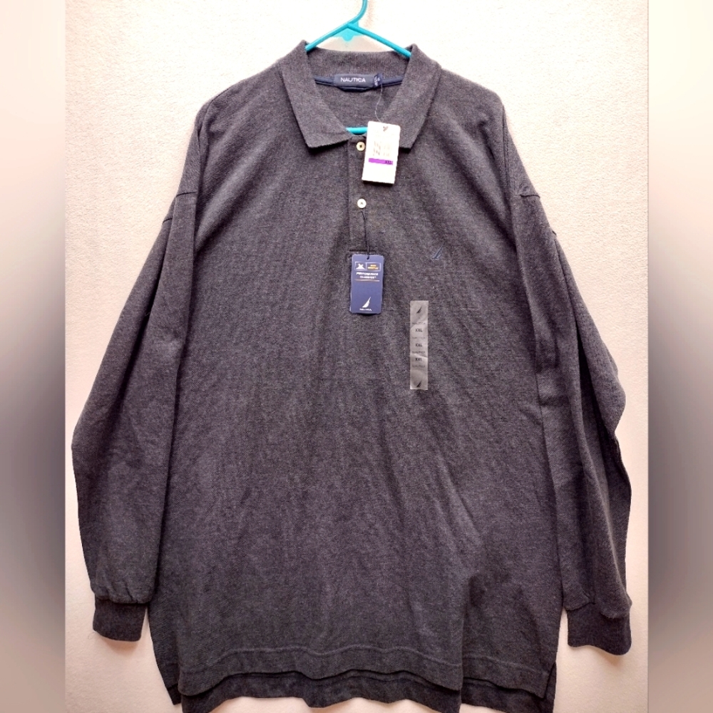 Nautica Polo Shirt Men XXL Classic Performance Boat Deck Long Sleeve Charcoal